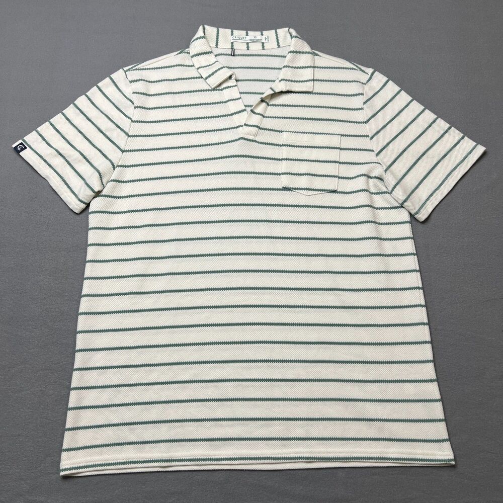 Criquet Polo Shirt Men's XL White Green Striped Polyester Short Sleeve Pullover